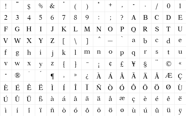 Aster MN Roman  glyph index