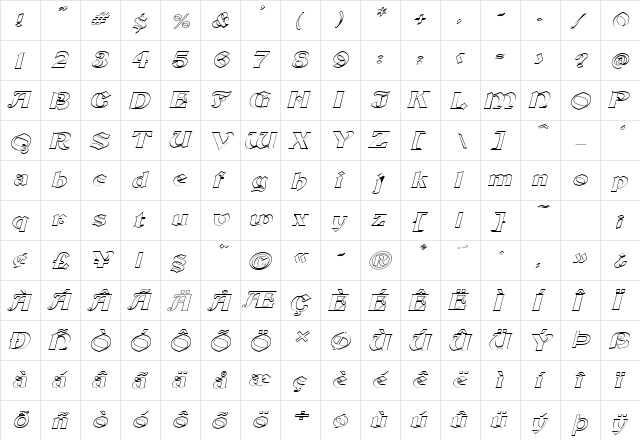 Brandywine-Hollow-Extended Italic  glyph index