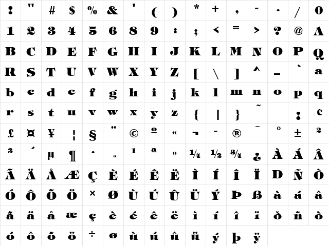 TiffanyLH Bold  glyph index