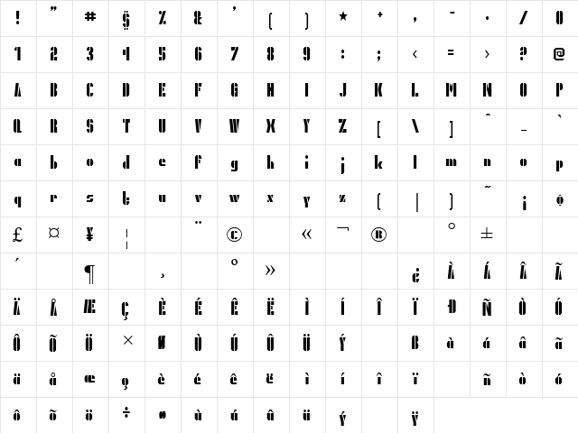 PresidentGas Regular  glyph index