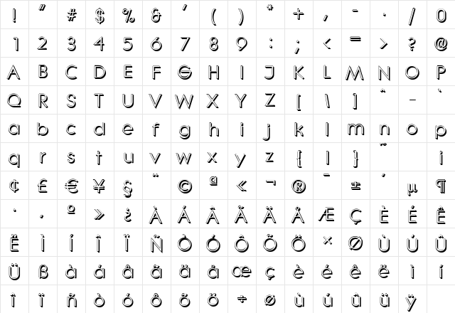 LiteraShadow Regular  glyph index