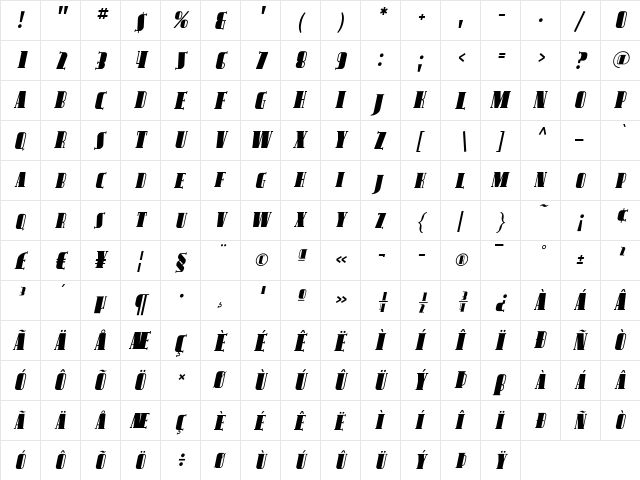 Avondale SC Italic  glyph index