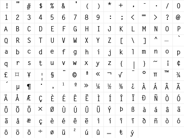 Letter Gothic Regular  glyph index