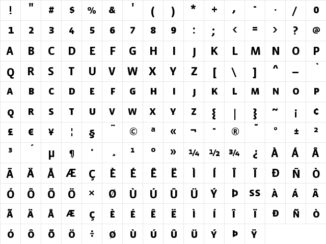 VistaSansSCBold Regular  glyph index