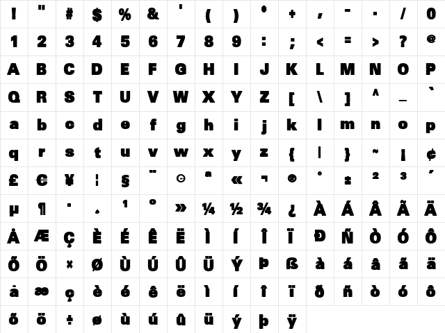 SansBlack Regular  glyph index