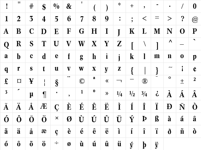 ConcordeBE-CondensedMedium Medium  glyph index
