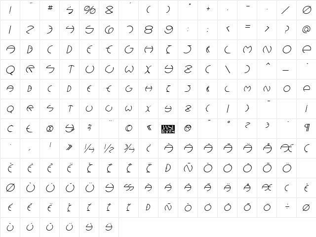 Debevic Italic  glyph index