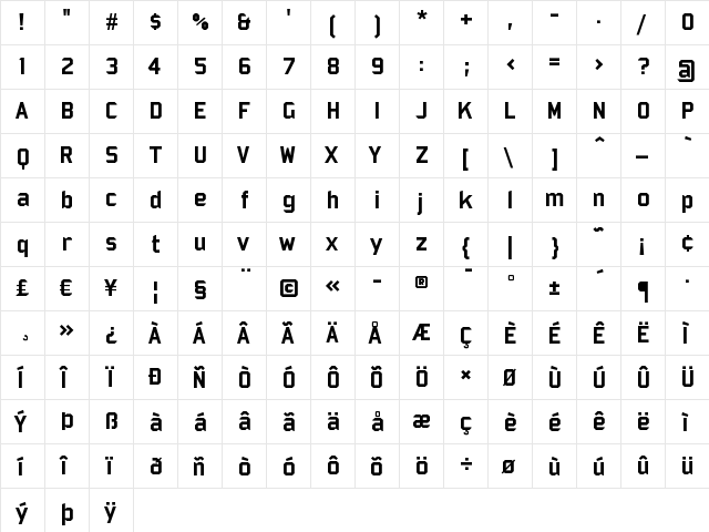 Bombardier Regular  glyph index