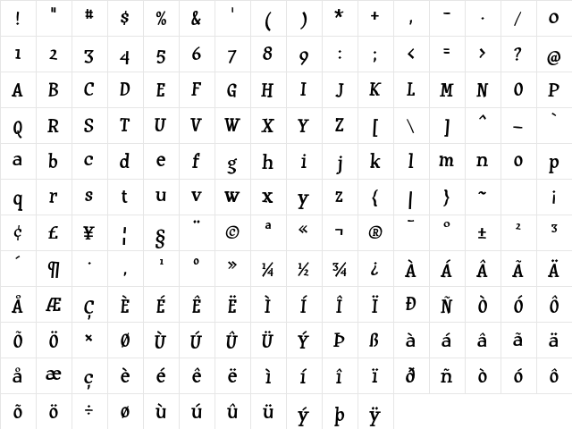 Huxtable Regular  glyph index