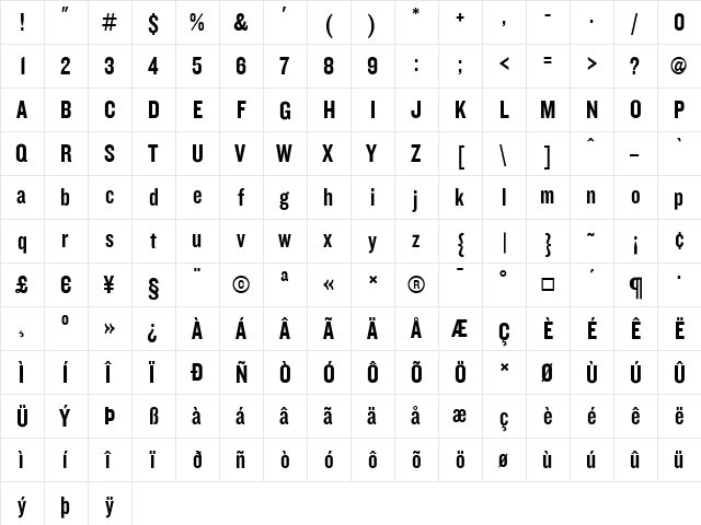 Knockout Medium  glyph index