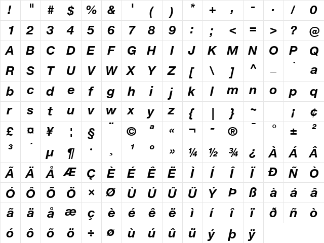 Helvetica Neue eText Pro Bold Italic  glyph index