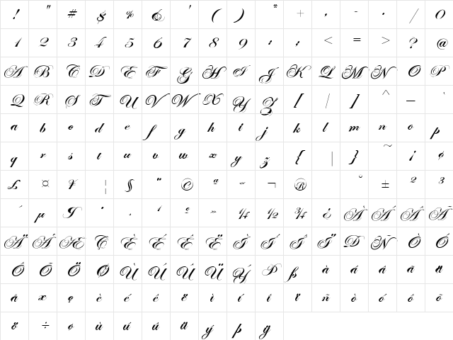 EdwardianScriptEF Regular  glyph index