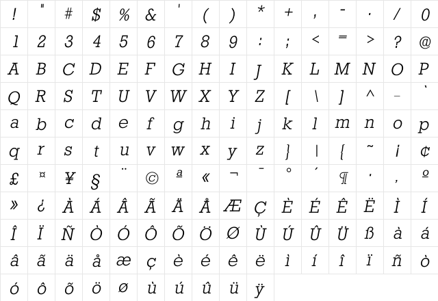 Istafford Light  glyph index