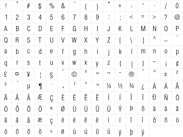 Helvetica Light Condensed  glyph index