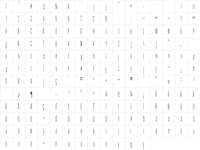 SantanaXtraCondensed Regular  glyph index