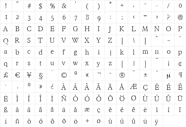 CharlesBecker-ExtraLight Regular  glyph index