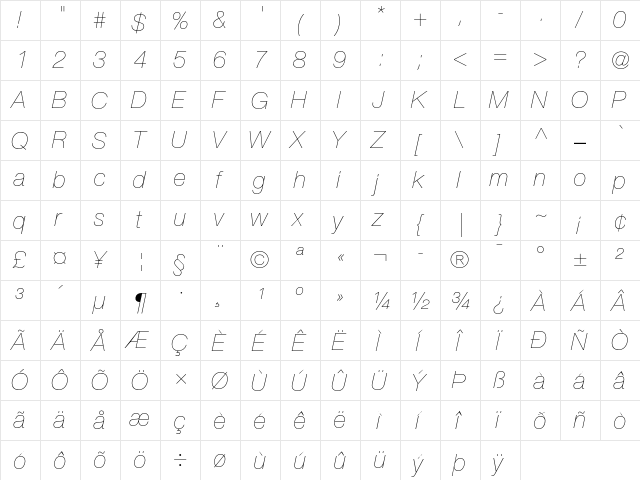 Helvetica Neue 26 Ultra Light Italic  glyph index