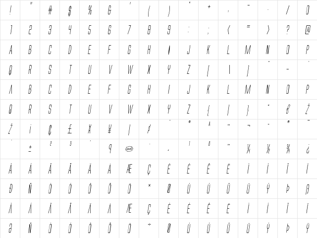 Alien League Condensed Italic Condensed Italic  glyph index