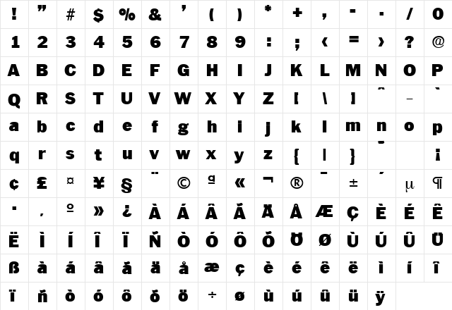 Plymouth-Serial-Black Regular  glyph index