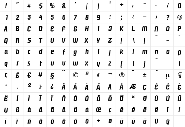 PasadenaSerial BoldItalic  glyph index