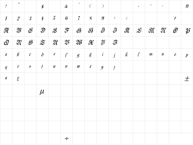 Uechi Italic Italic  glyph index