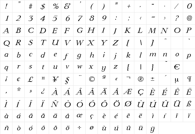 Lingwood-RegularIta Regular  glyph index