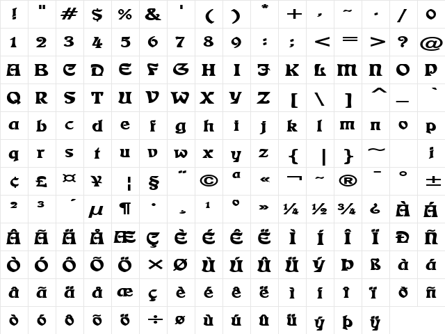 Freedom Extended Bold  glyph index