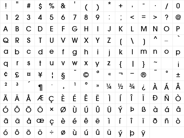 TrendexLightSSK Bold  glyph index