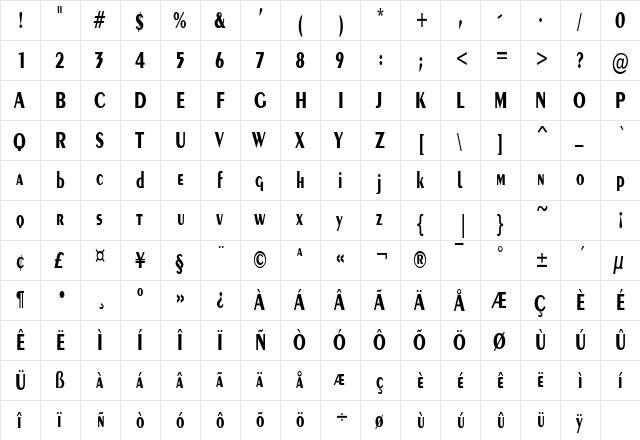 PenwinCondensed Bold  glyph index