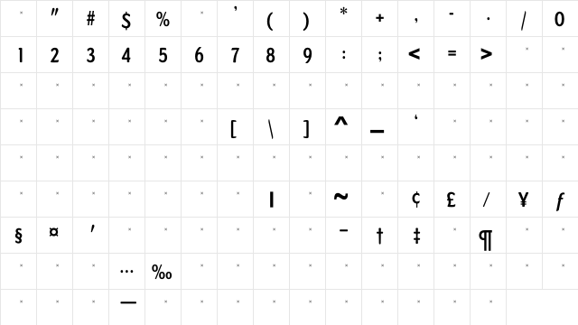 DundeeBoldCondTab Regular  glyph index