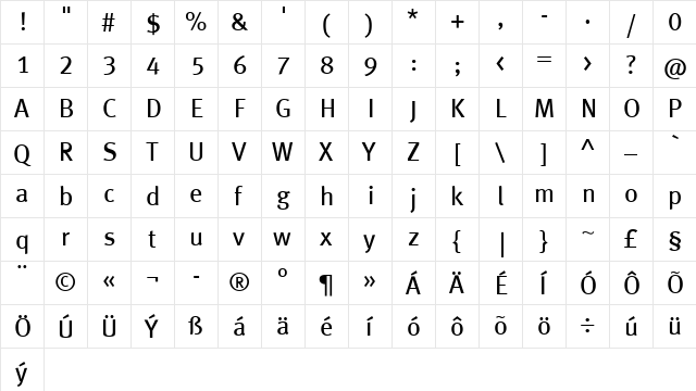 MetaBookCELF Roman  glyph index