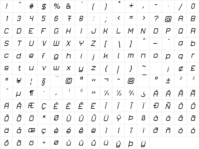 Lastwaerk regular Oblique  glyph index