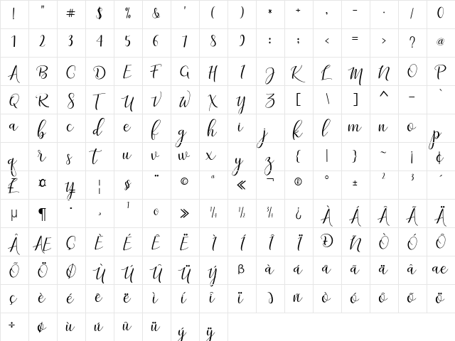 adaline script Regular  glyph index