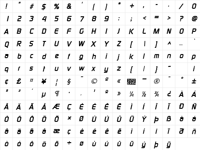 Modaerne Bold Italic  glyph index