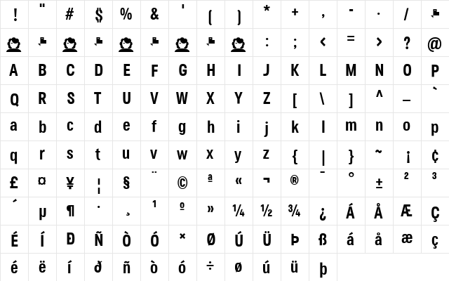 Jane Roe Bold  glyph index