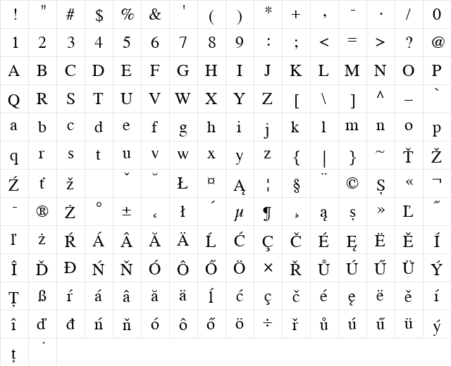 Times CE Regular  glyph index