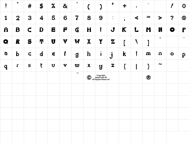 Seventy Flares Regular  glyph index