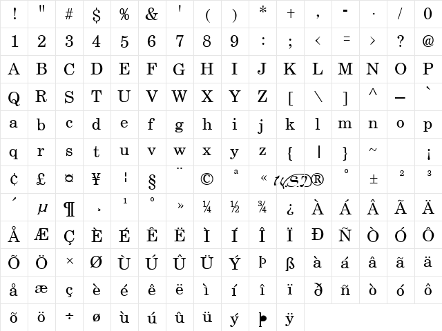 Schoolbook Regular  glyph index