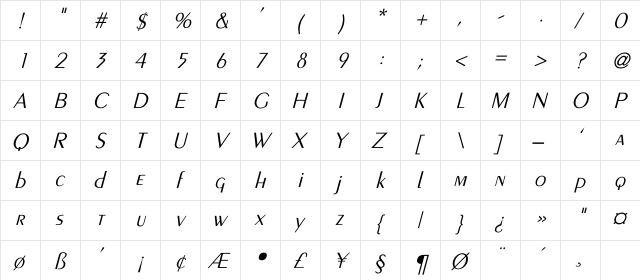 PEIGNOT-LIGHT-Thin Italic Italic  glyph index