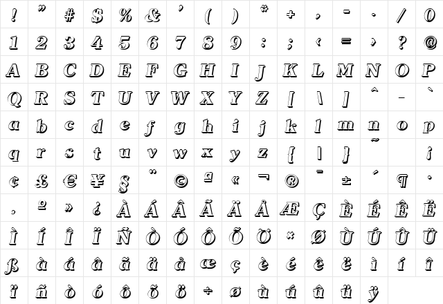 ChristianBeckerShadow-ExtraBol d-Italic  glyph index