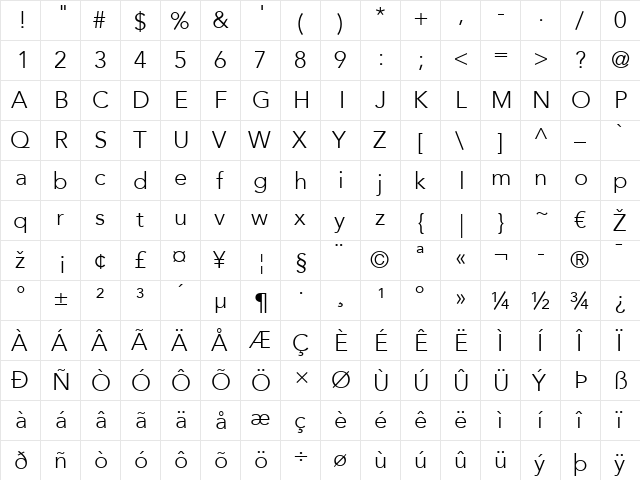 Avenir LT 35 Light Regular  glyph index