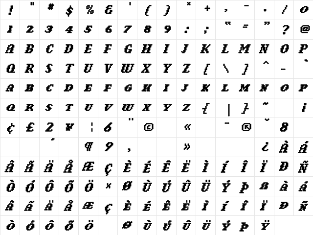 Narly Bold  glyph index
