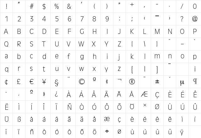 RavennaSerial-Xlight Regular  glyph index
