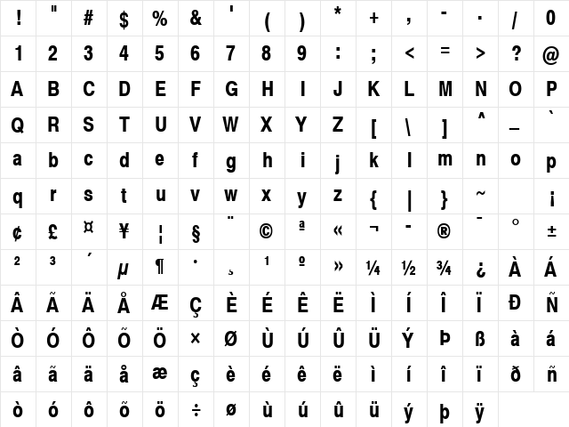 Swiss 721 Narrow SWA Bold  glyph index