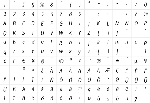 GlasgowSerial-Light Italic  glyph index