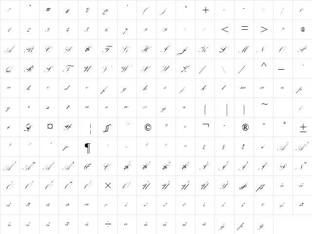 Palace Script MT Std Regular  glyph index