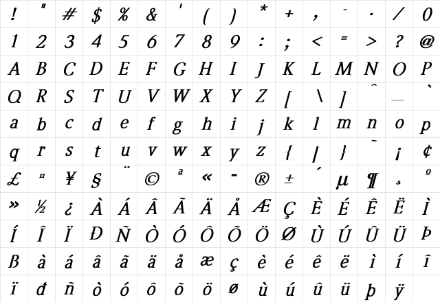 Berliner Bold Italic  glyph index