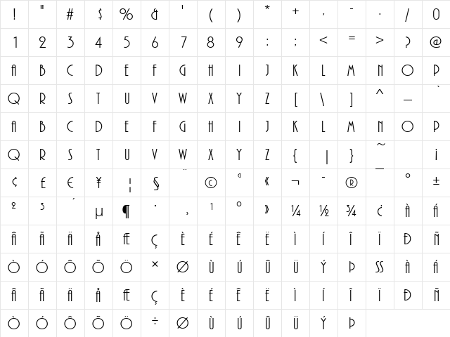 Pizzicato Regular  glyph index