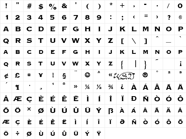 Graverplate Extrabold Regular  glyph index