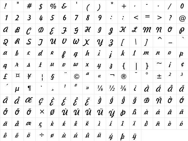 Freehand 521 Regular  glyph index